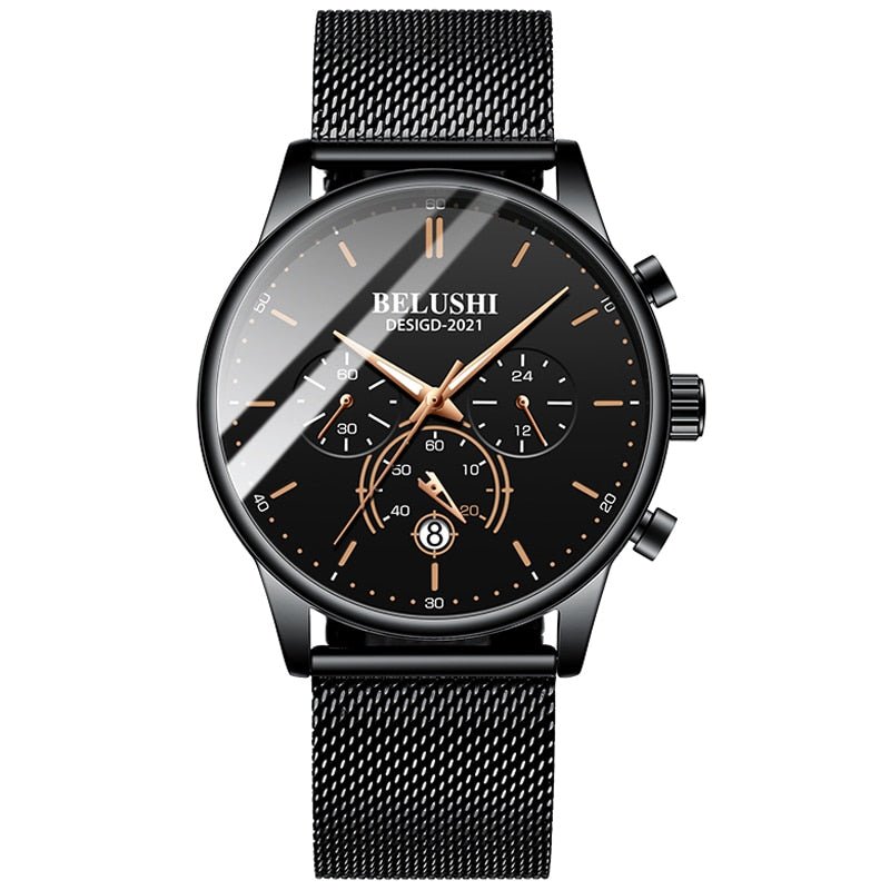BELUSHI Watch Men Luxury Brand Famous Male Watch Black Watches Ultra Thin Milan Belt Stainless Steel Quartz Men Wrist Watch - Ejalahshop