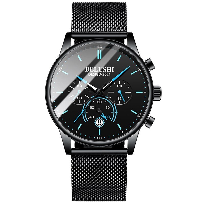 BELUSHI Watch Men Luxury Brand Famous Male Watch Black Watches Ultra Thin Milan Belt Stainless Steel Quartz Men Wrist Watch - Ejalahshop