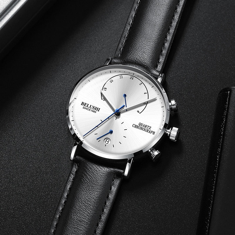 Quartz Watch Men Watches Modern Chronograph Men Watch Leather Strap Watches Man Imitation Luxury Men'S Sports Watch - Belushi 537 SILVER - Ejalahshop