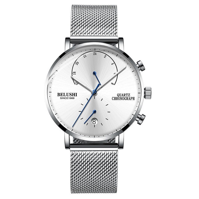 Quartz Watch Men Watches Modern Chronograph Men Watch Leather Strap Watches Man Imitation Luxury Men'S Sports Watch - Belushi 537 SILVER - Ejalahshop